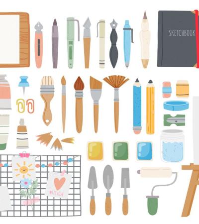 Illustration of various art supplies. 