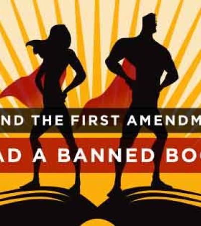 Banned Books week logo: Defend the First Amendment, Read a Banned Book