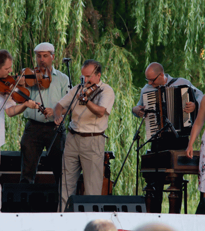 Performers play in the courtyard area