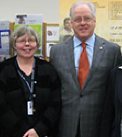 Maureen Sawa with a branch manager, a local politician, and the SISO manager at the Citizenship and Immigration Canada celebration of the Library Settlement Program.