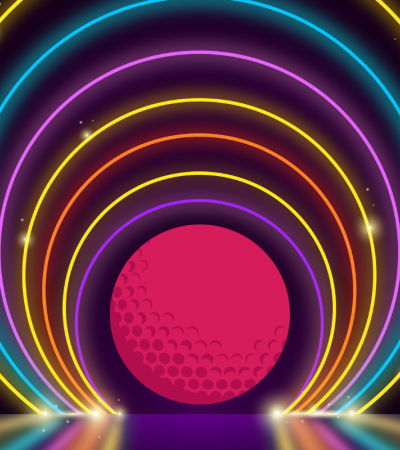 Image of glowing neon circles surrounding a pink golf ball.