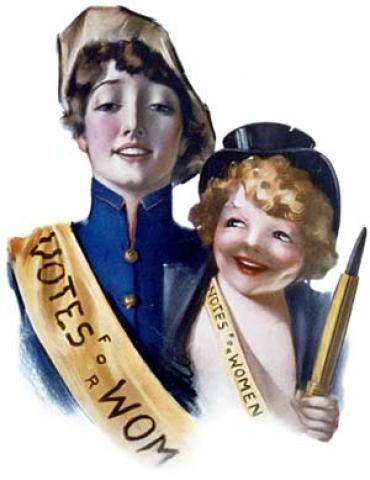 a woman and child proudly wear Votes for Women sashes in an illustration titled “The Mascot” on a 1915 Puck magazine cover  Library of Congress