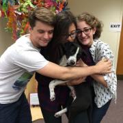 Three teens hug a puppy.