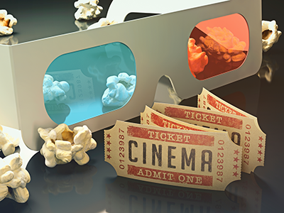 3D glasses, tickets and popcorn