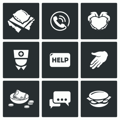 Illustration with phone, nurse, food and other charity-related images