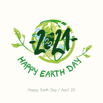Illustration of green globe with leaves. Text reads: April 22, 2021. Happy Earth Day.