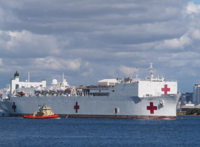 A hospital ship in a harbor