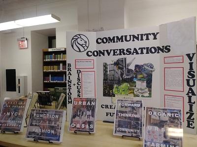 Community Conversations poster and books explaining the NYPL Picture Collection and how to use it