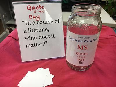 Quote of the day display with a jar for submissions next to it