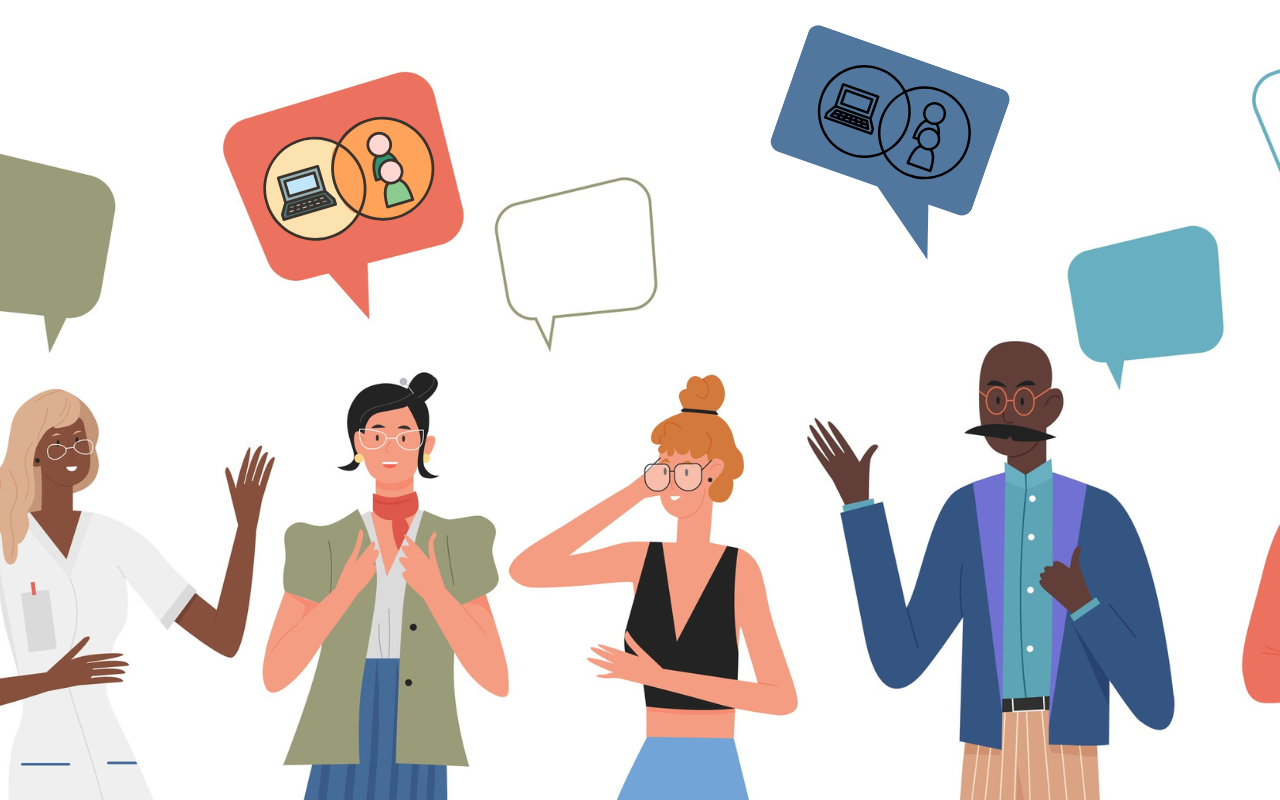 Illustration shows people speaking with thought bubbles above their heads. Two of the thought bubbles show an icon representing hybrid programs.