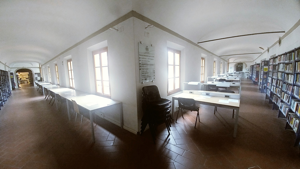 Empty rooms and tables of the Public LIbrary of Empoli in Tuscany, Italy.