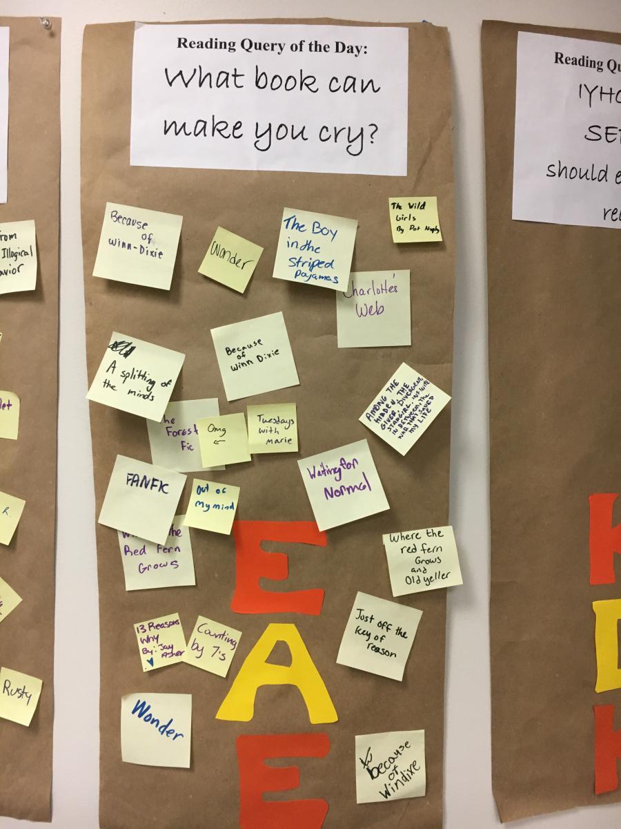 A bulletin board asks patrons, "What book can make you cry?"