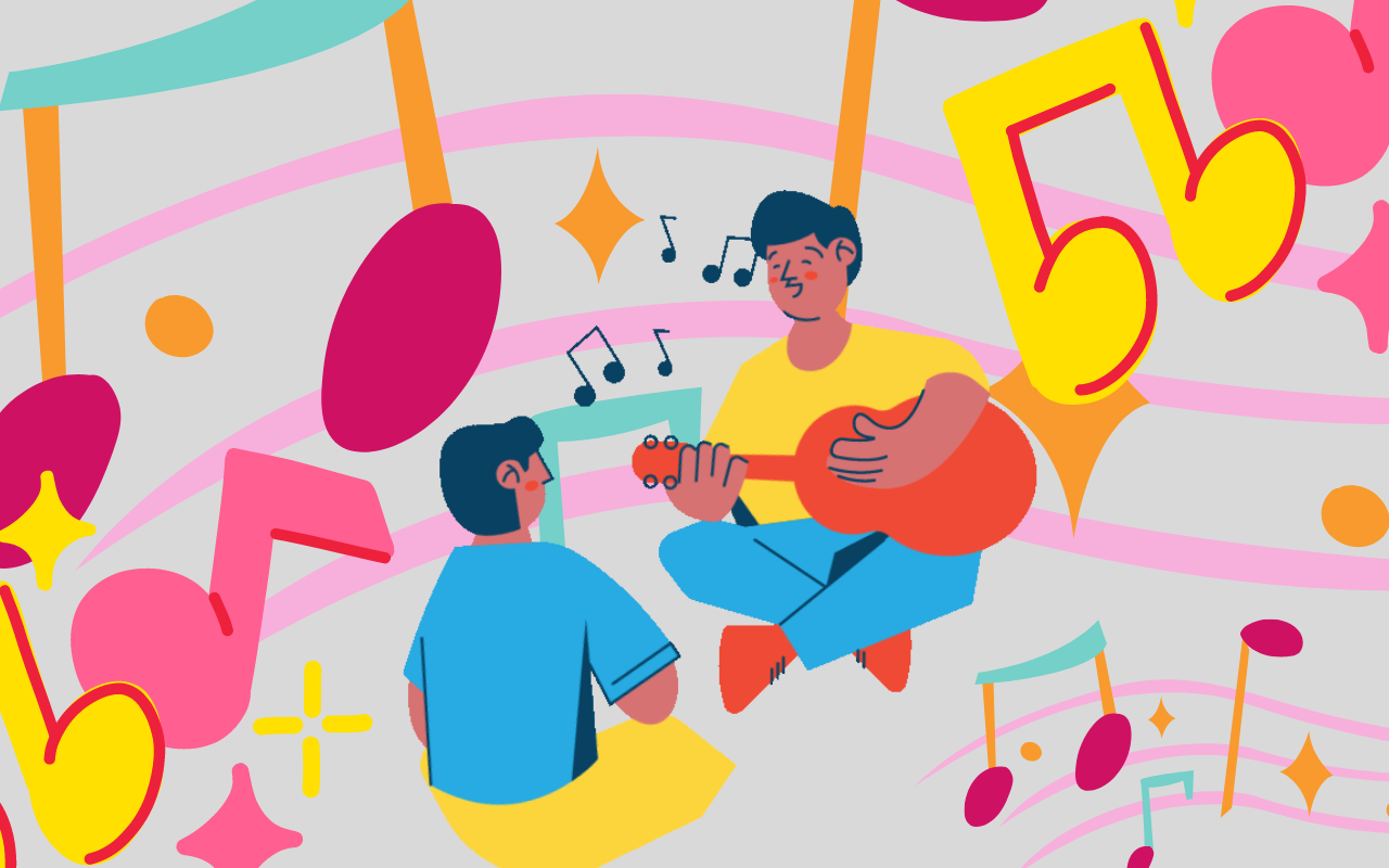 Illustration shows two people playing guitars. There are music notes around them.