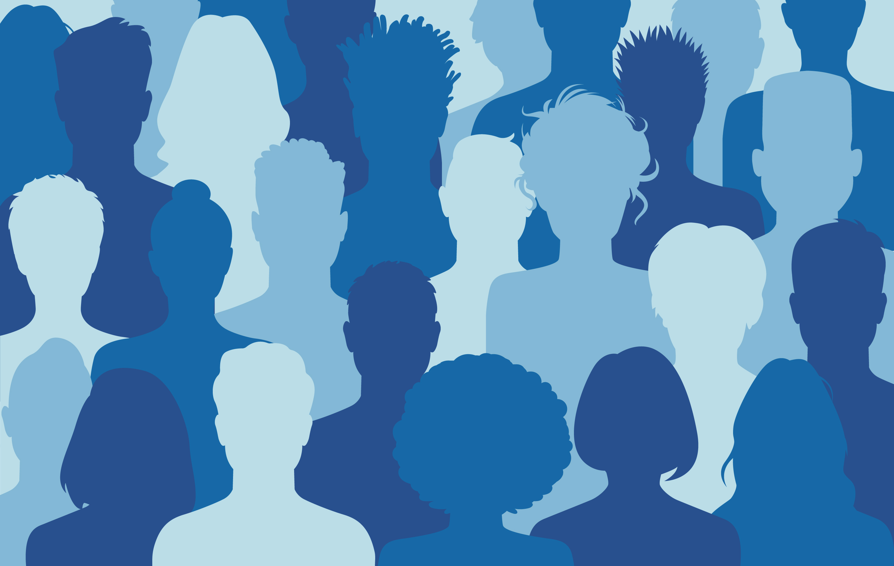 Silhouettes of a group of people in varying shades of blue 