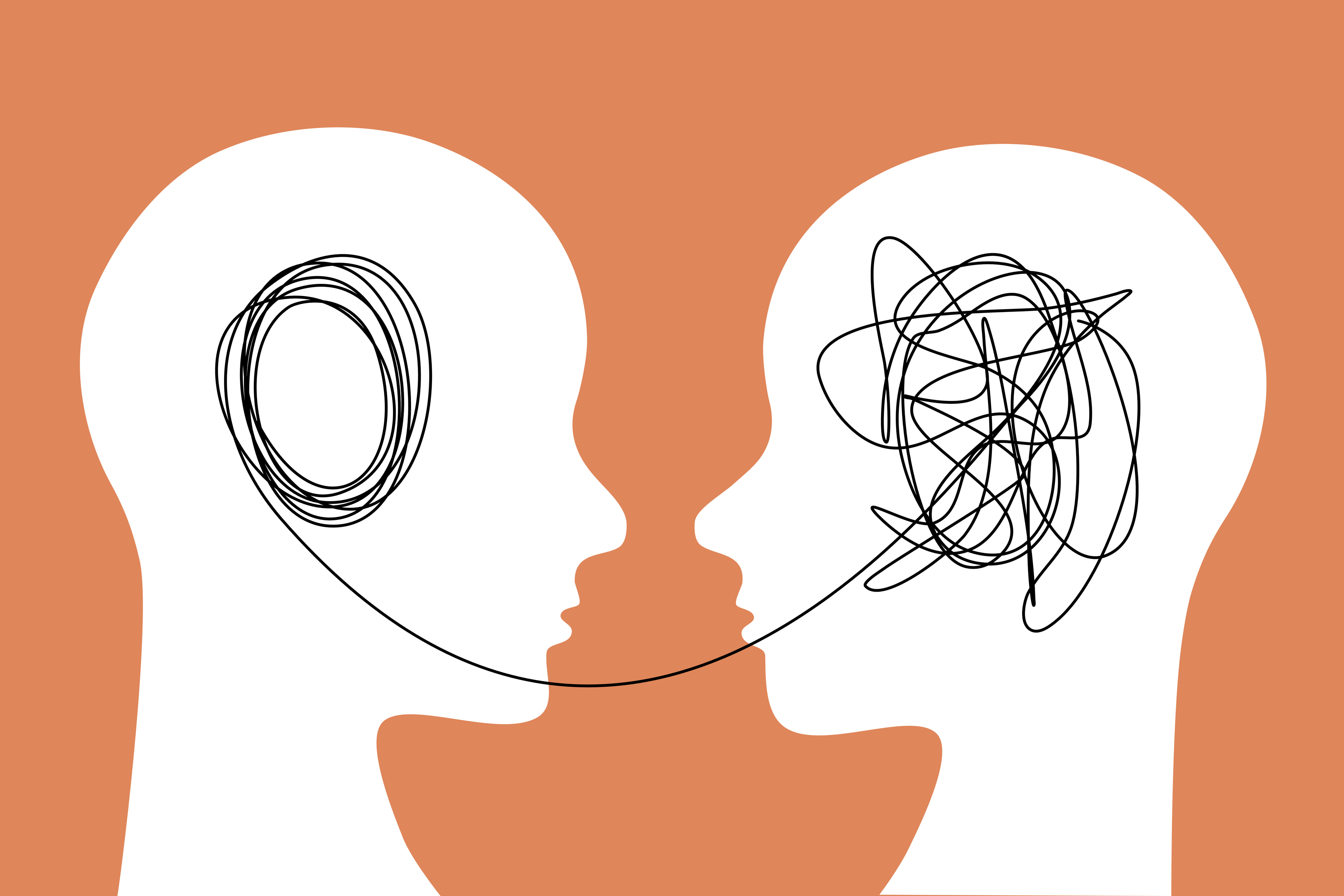 Illustration shows two silhouettes of heads in profile against an orange background. They are connected by a long piece of thread. The figure on the left has a neat spiral of thread and the figure on the left has a knotted piece of thread.