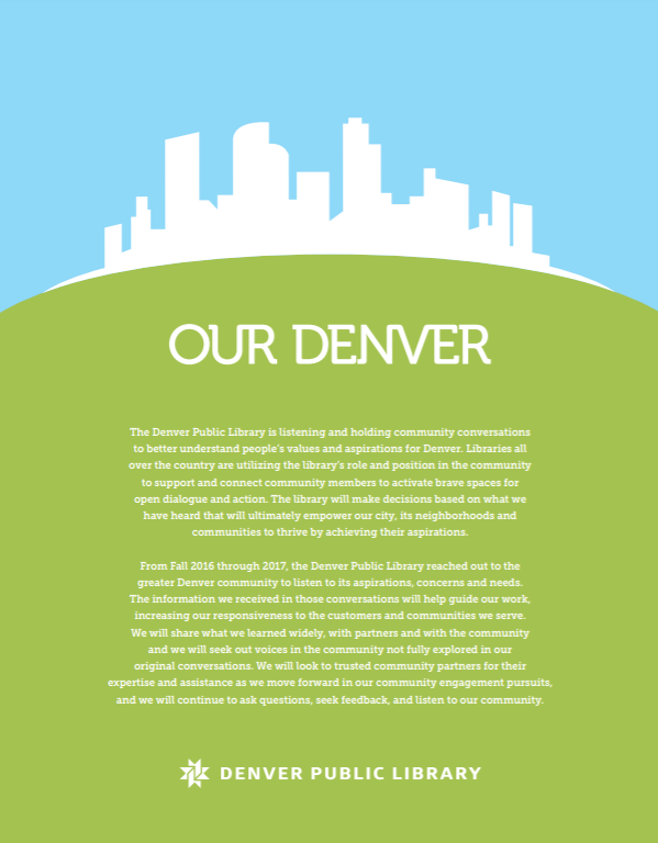 An illustration of the Denver skyline with the words "Our Denver" below it.