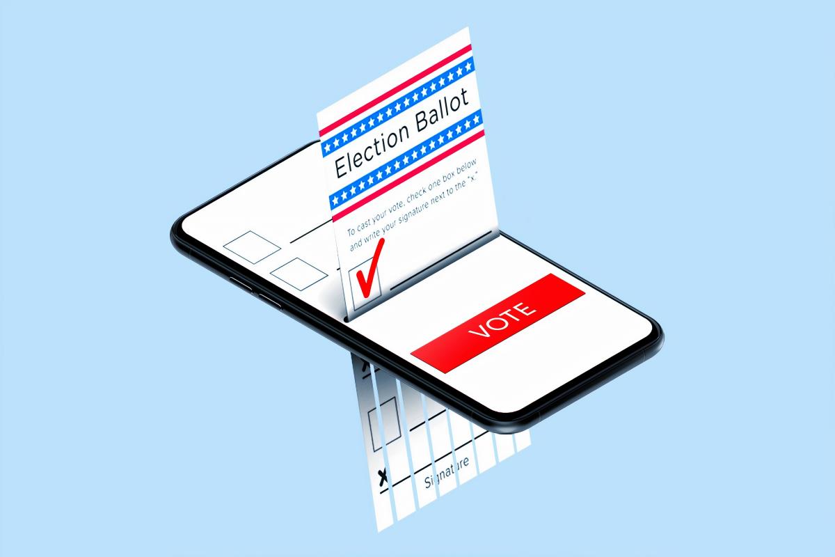 Illustration of an election ballot coming out of a cell phone