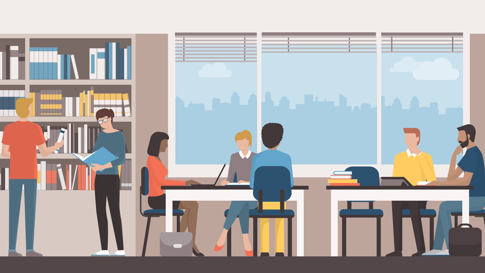Illustration shows a group of people working in a library setting. Some people are working at desks with laptops open, others are browsing for books and reading.