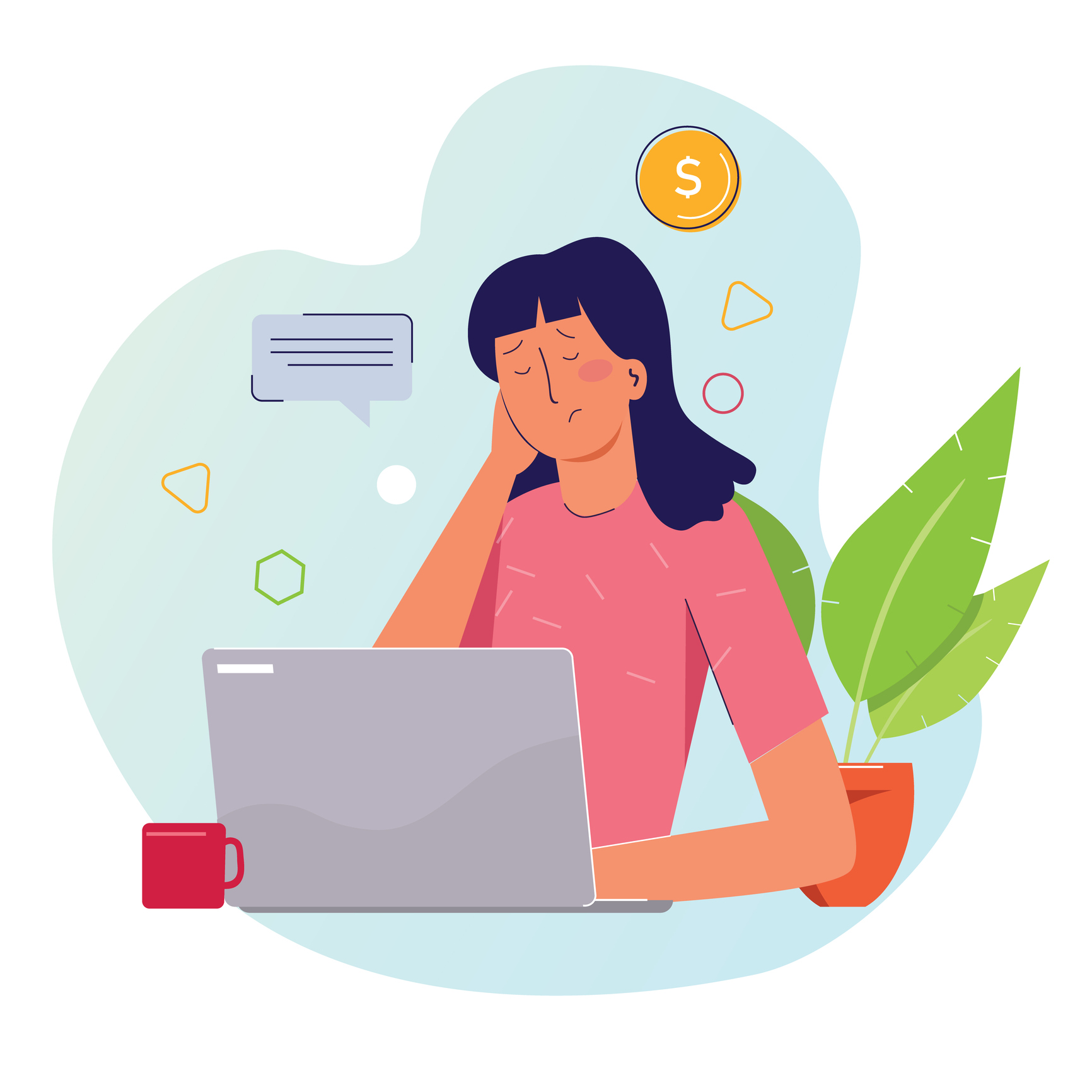 Illustration of person looking stressed on laptop with coin illustrations surrounding the image.