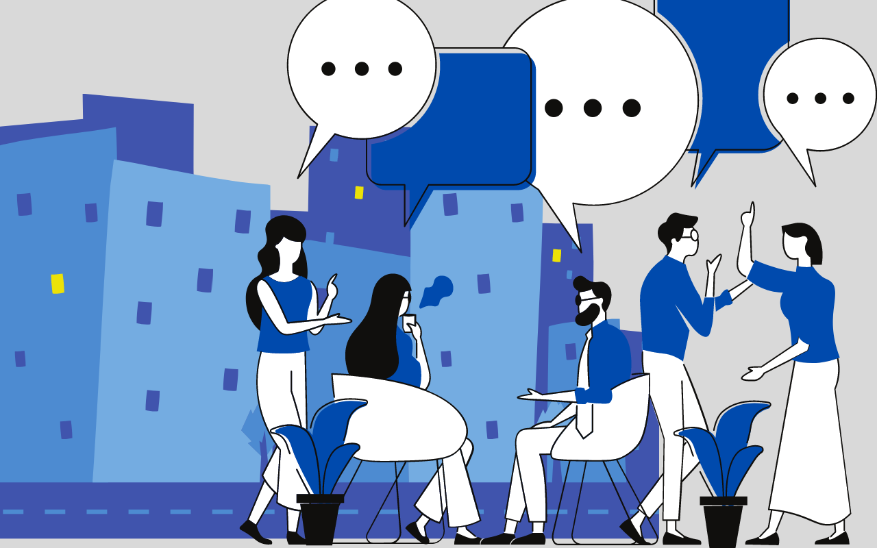 Illustration of people sitting and standing, talking to each other. There are illustrated thought bubbles above their head and a city landscape in the background.