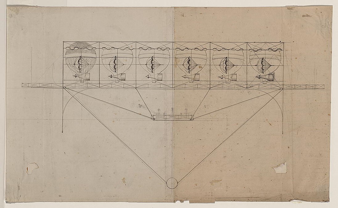A blue print drawing of a flying machine