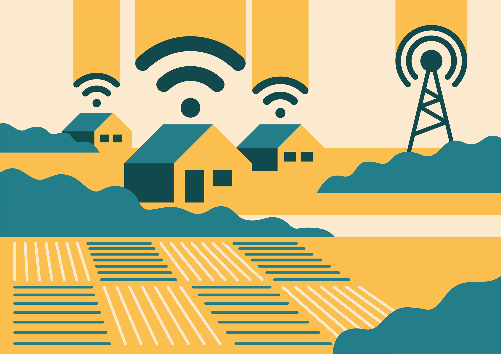 Landscape illustration with village houses and internet connection waves