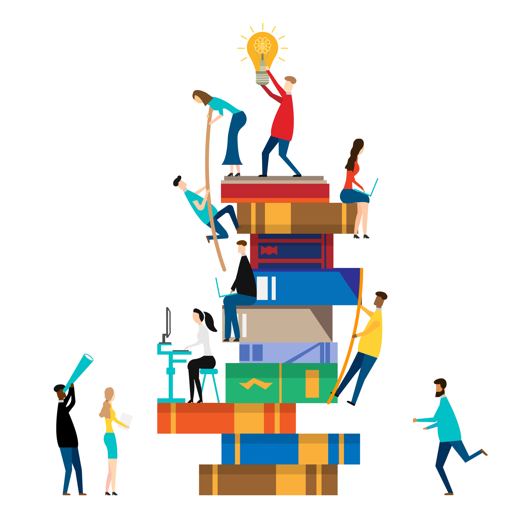 Illustration of people helping each other up a stack of large books.