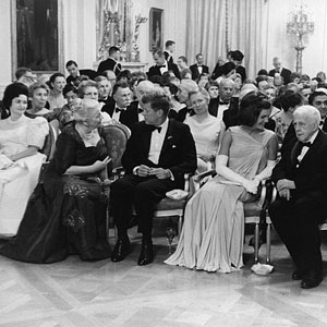 April 29, 1962, dinner for Nobel Prize Winners of the Western Hemisphere with President and Mrs. Kennedy and others in the East Room, White House  Robert Knudsen, White House, in the John F. Kennedy Presidential Library and Museum, Boston