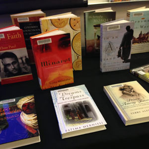 Muslim Journeys Bookshelf books displayed at Portland State University Library.