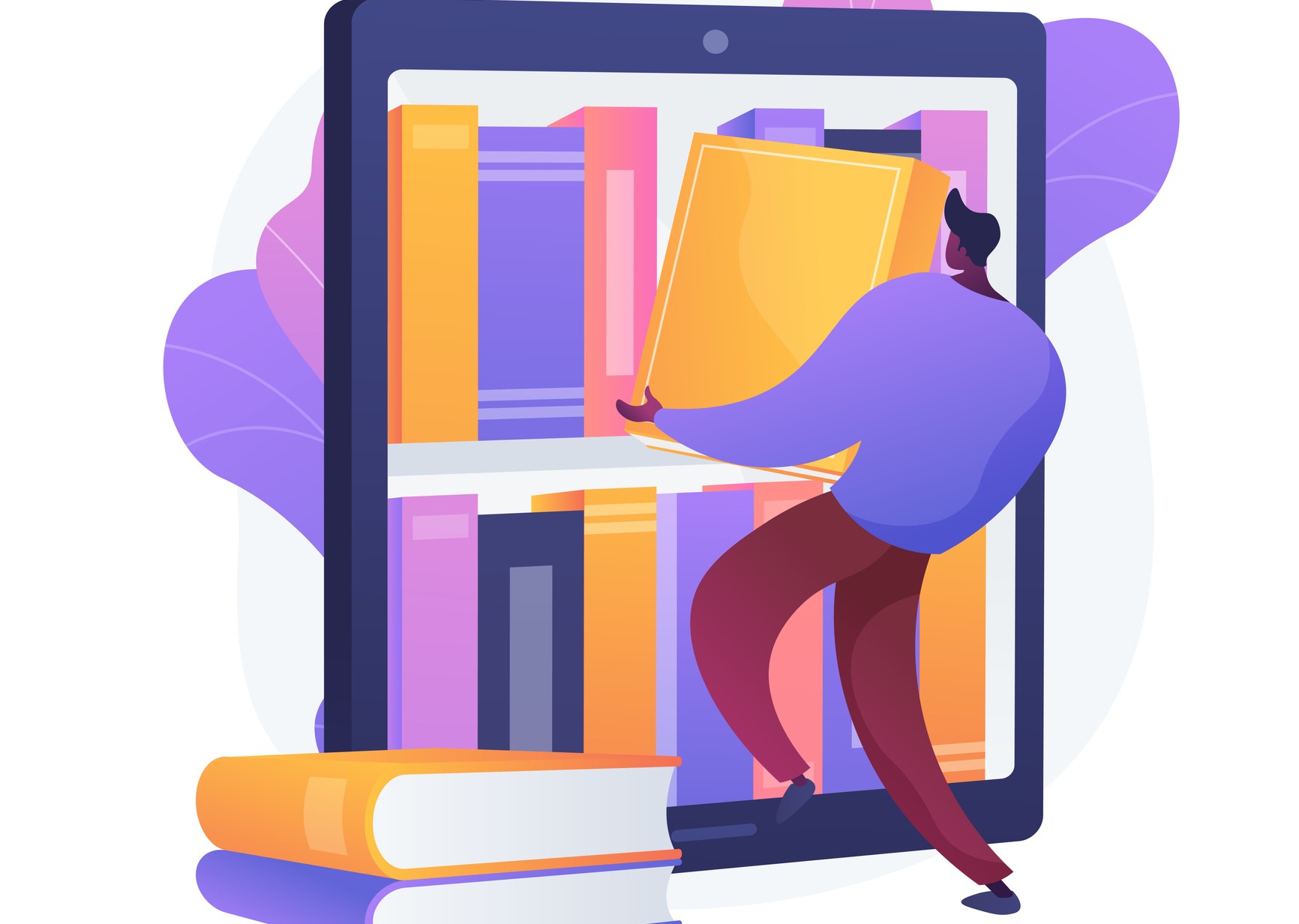 Illustration of person shelving large books inside of a tablet. 