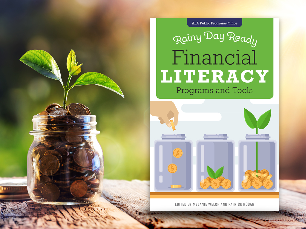 Book cover of "Rainy Day Ready: Financial Literacy Programs and Tools" and a jar of coins sprouting and plant