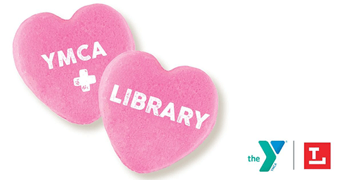 Two pink hearts with "YMCA +" and "Library" written on them