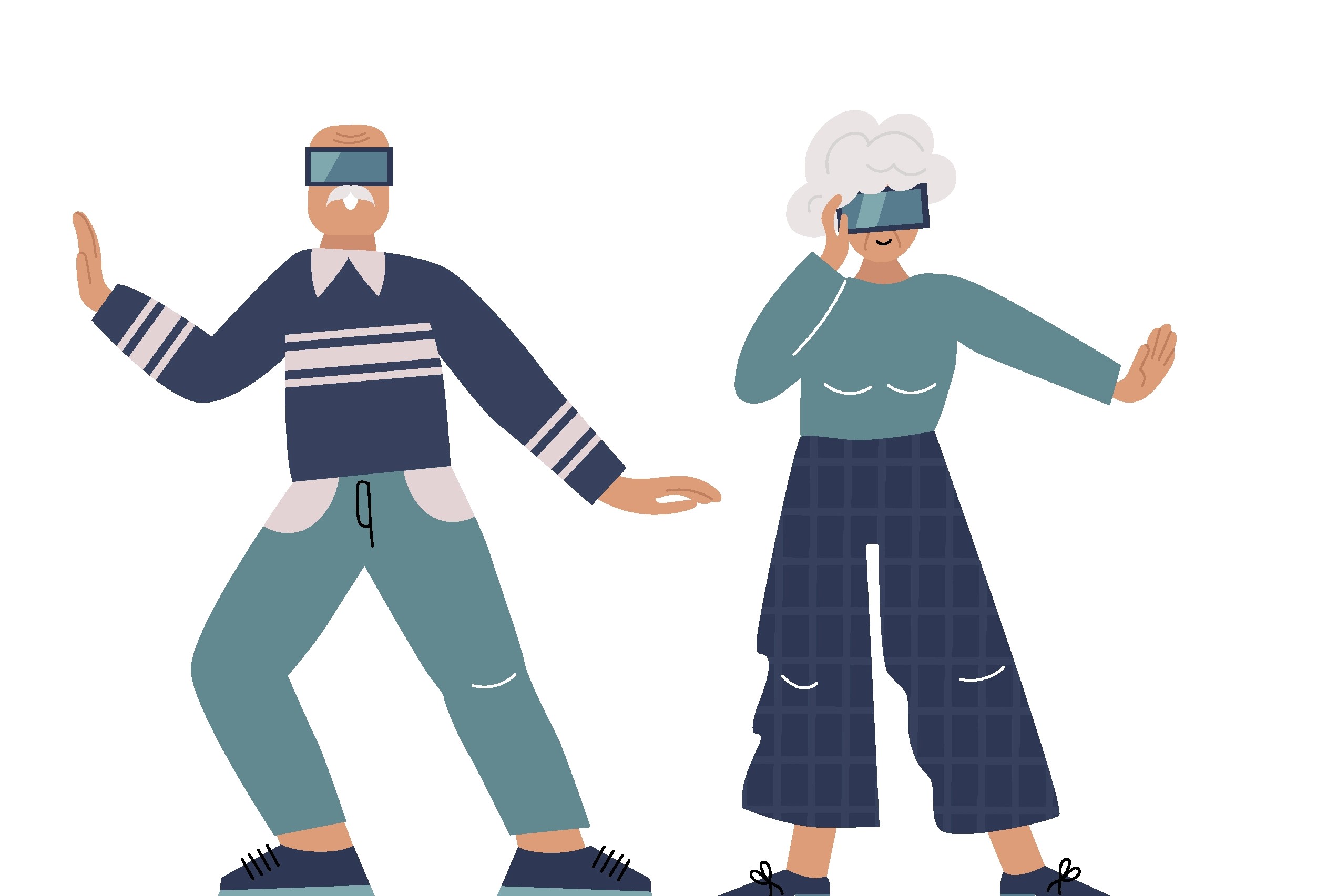 Illustration of two seniors with VR headsets on.
