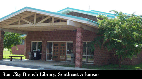 The Star City Branch Library main entrance - brick walls and blue trim on the roof.