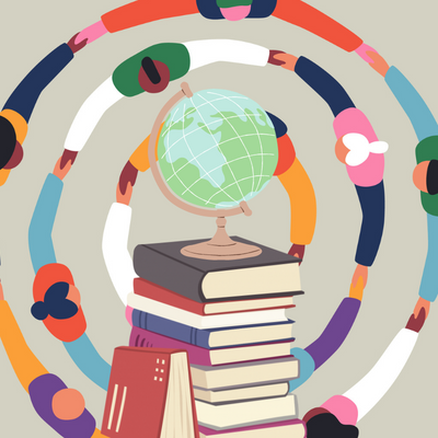 Illustration shows an aerial view of people holding hands in a circle In the middle of the circle, there is an illustrated stack of books with a globe on top.