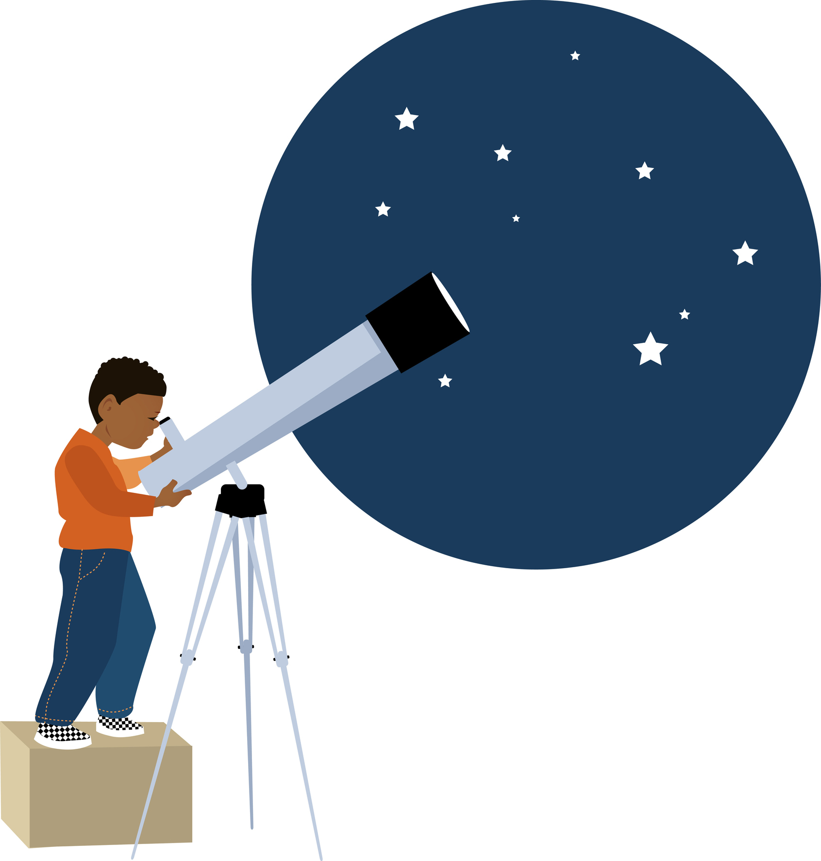 Illustration of a young child standing on a box looking through a telescope at the night sky.