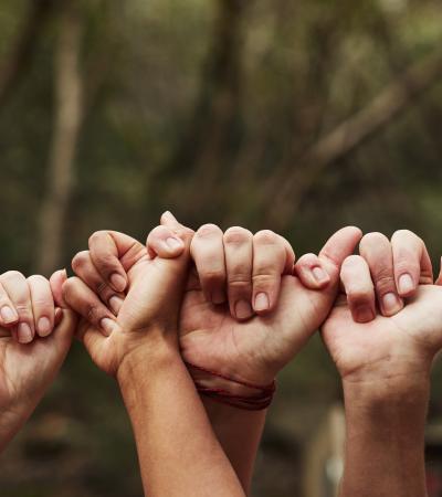 row of upraised hands linked together by fingers