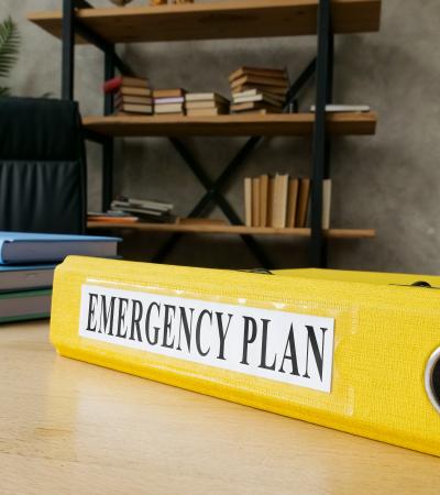 emergency plan in a yellow folder on a desk with other books