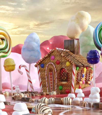 magical 3d candy land scene with a gingerbread house and a chocolate river