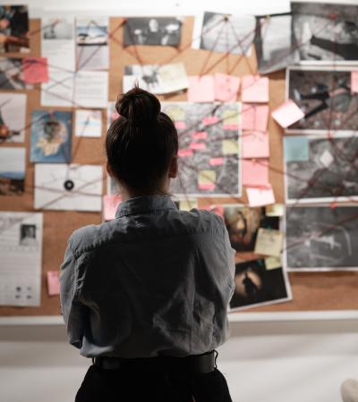 Female detective looking attentively at investigation board, back view