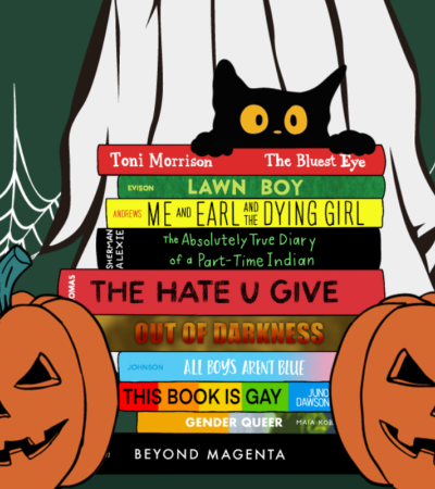 Illustration of a stack of banned books with spines showing. There are two jack o'lanterns and a black cat resting on the book stack.