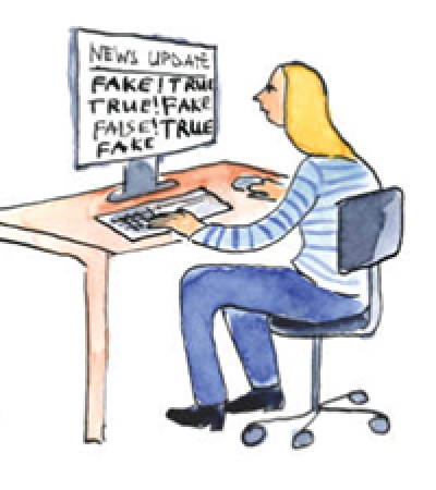 A cartoon drawing of a girl sitting at a desk in front of a computer that has the words "news update, fake, true" written across the screen
