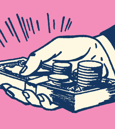 Illustration of a hand holding a stack of money against a pink background
