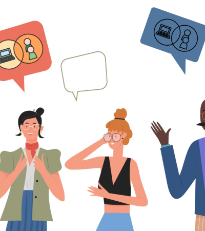 Illustration shows people speaking with thought bubbles above their heads. Two of the thought bubbles show an icon representing hybrid programs.