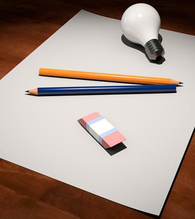 Piece of paper, light bulb, pencil and eraser