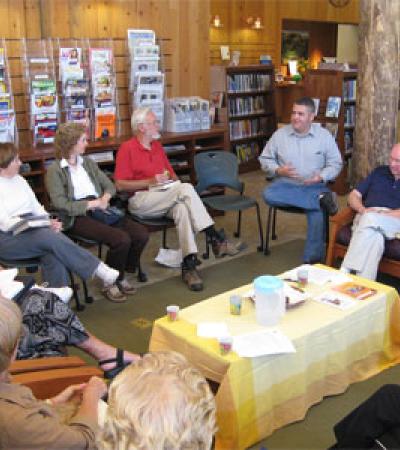 The Portola Valley Library's branch manager leads the afternoon book group discussion San Mateo County Library