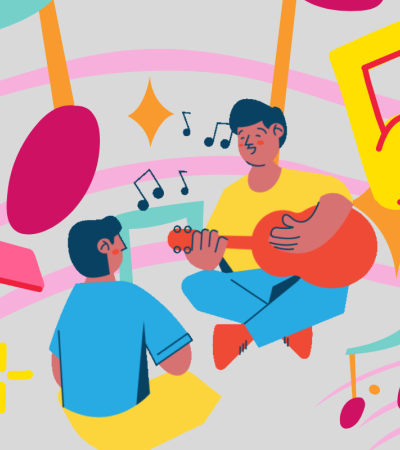 Illustration shows two people playing guitars. There are music notes around them.