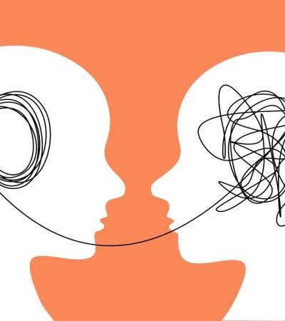 Illustration shows two silhouettes of heads in profile against an orange background. They are connected by a long piece of thread. The figure on the left has a neat spiral of thread and the figure on the left has a knotted piece of thread.