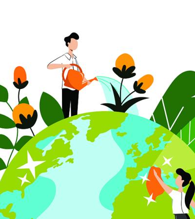 illustration of the planet with people tending to plants