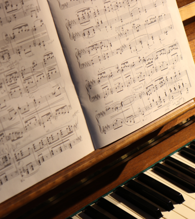Photograph of a piano with sheet music 